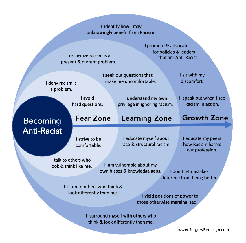 Circular infographic titled Becoming Anti-Racist showing progression from the Fear Zone to the Learning Zone to the Growth Zone.